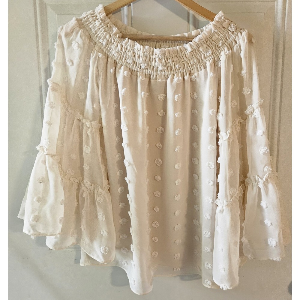 Ivy Jane Cream Swiss Dot Off Shoulder Blouse Womens XS Bell Sleeve Boho Peasant